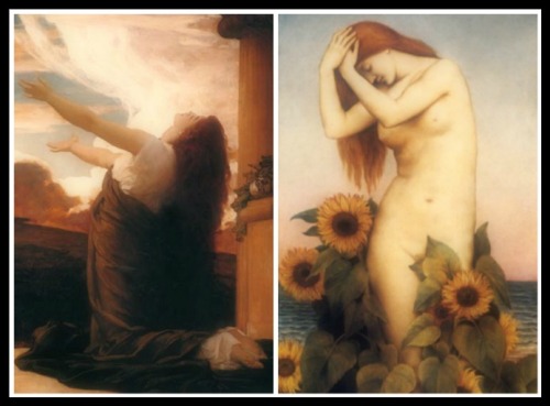 On the Left: "Clytie: Sorrow and Sunflowelite" by Frederic Leighton ( ). On the Right: "Clytie" by Evelyn De Morgan
