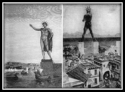 On the Left: Colosse de Rhodes by Sidney Barclay. Illustration by  Sidney Barclay in the book by Augé de Lassus "Voyage aux Sept merveilles du monde" (1880) On the Right: Unknown Artist's misconception of the Colossus of Rhodes from the Grolier Society's 1911 "Book of Knowledge"