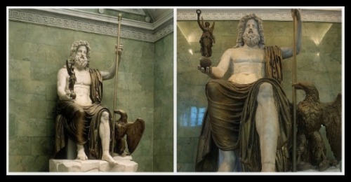 Zeus enthroned holding a royal sceptre and winged Nike (Victory), and with an eagle by his side. Roman copy inspired by Greek ivory and gold statue of Zeus at Olympia by Pheidias. Marble & Bronze . Imperial Roman. C1st AD Hermitage Museum, St Petersburg, Russia.