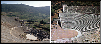 On the Left: Greek theatre at Ephesus (now in Turkey). Built in the 10th century BC. On the Right: Ancient Greek theatre of Epidauros.Date of Construction: ca. 300-340 BC.
