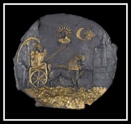 Medallion depicting Cybele and the sun god in the sky looking on as she rides in her chariot. 2nd century BC